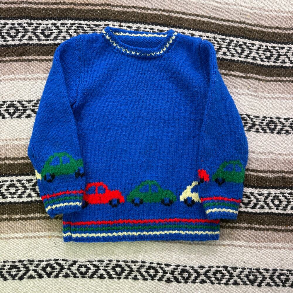 Baby Toddlers Vintage 80's Hand Knit Blue Car Crewneck Pullover Sweater Sz 5T